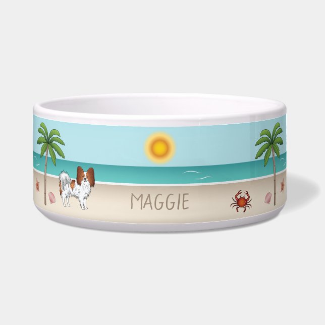 Red And White Papillon Dog Tropical Summer Beach Bowl (Front)