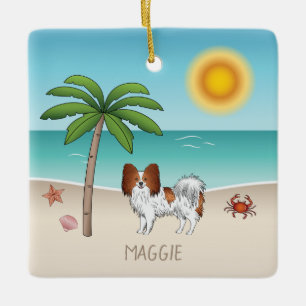 Red And White Papillon Dog Tropical Summer Beach Ceramic Ornament
