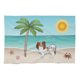 Red And White Papillon Dog Tropical Summer Beach Kitchen Towel