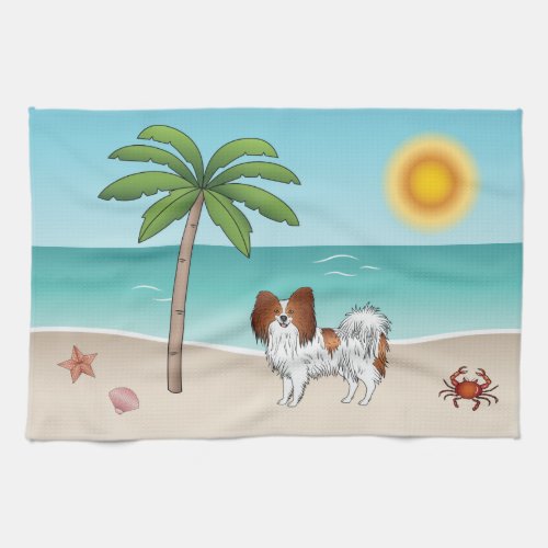 Red And White Papillon Dog Tropical Summer Beach Kitchen Towel