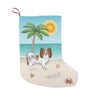 Red And White Papillon Dog Tropical Summer Beach Small Christmas Stocking