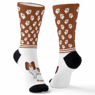 Red And White Papillon Dog With Name And Paws Socks