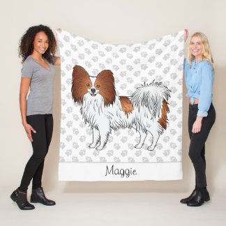 Red And White Papillon Dog With Paws And Name Fleece Blanket