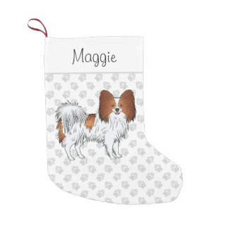 Red And White Papillon Dog With Paws And Name Small Christmas Stocking