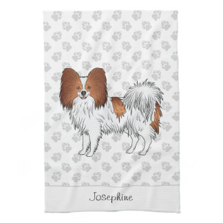 Red And White Papillon Dog With Paws And Text Kitchen Towel