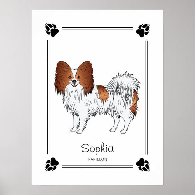 Red And White Papillon Dog With Paws And Text Poster (Front)