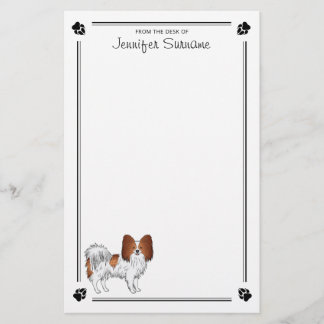 Red And White Papillon Dog With Paws And Text Stationery