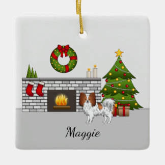 Red And White Papillon In A Christmas Room Ceramic Ornament
