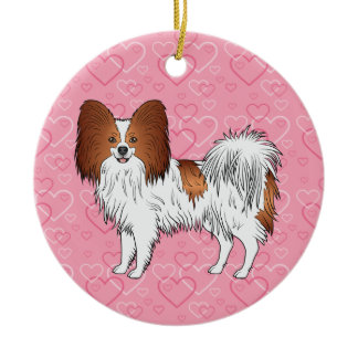 Red And White Papillon Pink Hearts Pet Memorial Ceramic Ornament