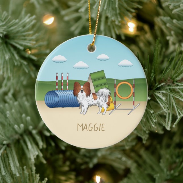 Red And White Papillon With Agility Equipment Ceramic Ornament (Tree)