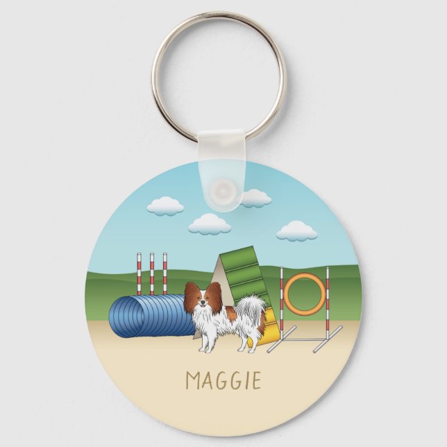 Red And White Papillon With Agility Equipment Keychain (Front)