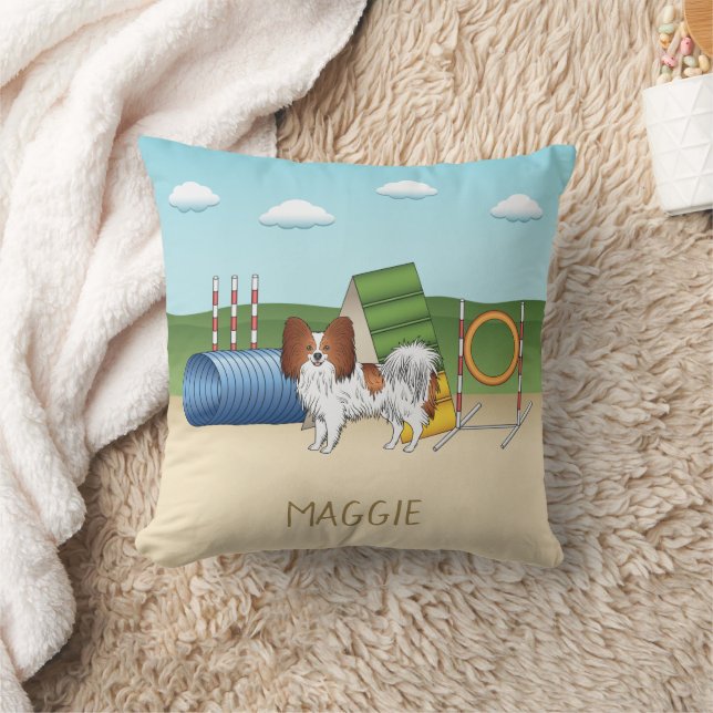 Red And White Papillon With Agility Equipment Throw Pillow (Blanket)