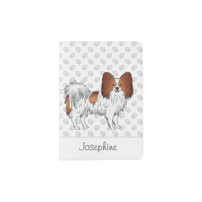Red And White Papillon With Custom Name And Paws Passport Holder (Front)