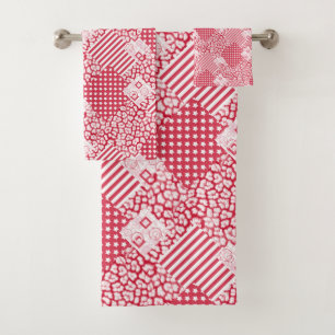  Red and white patchwork rustic Bath Towel Set