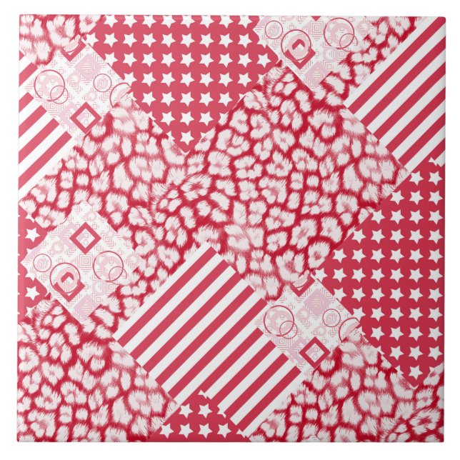  Red and white patchwork rustic Ceramic Tile (Front)