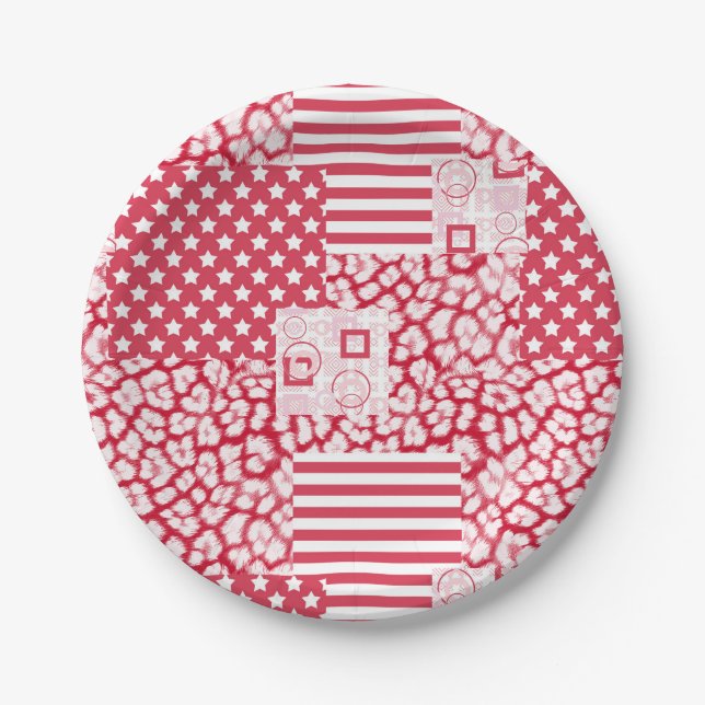  Red and white patchwork rustic Paper Plates (Front)