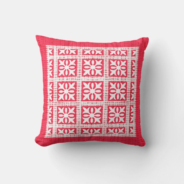 Red and White Pattern Burlap Texture Holiday Throw Pillow (Front)