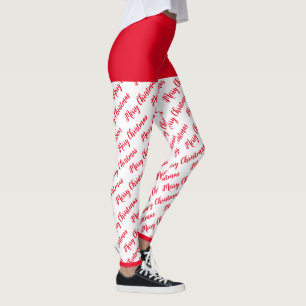 Red and White Pattern Modern Merry Christmas Leggings