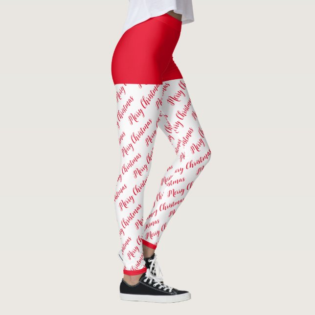 Red and White Pattern Modern Merry Christmas Leggings (Right)