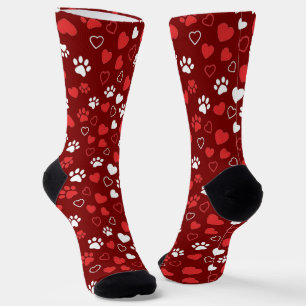 Red and White Paw Print and Heart Pattern Socks