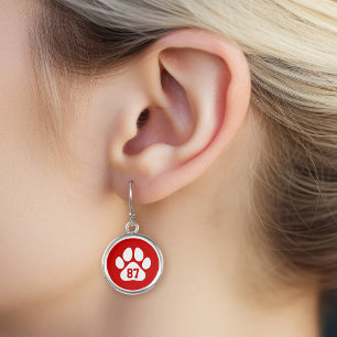 Red and White Paw Print Custom Jersey Number Earrings