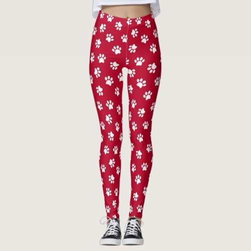 Red and White Paw Print Leggings