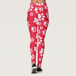 Red and White Paw Print Pattern Leggings for Women