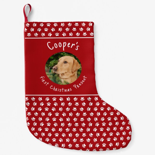 Red and White Paw Prints Custom Dog Small Christmas Stocking (Front)