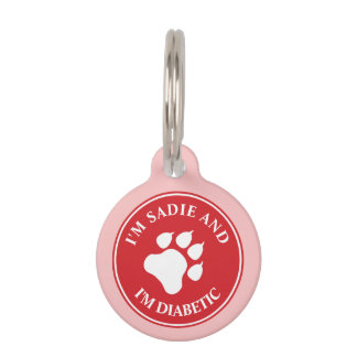 Red And White Paw With Diabetic Text Pet Tag