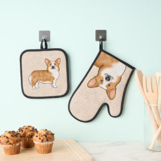 Red And White Pembroke Welsh Corgi Cartoon Dog Oven Mitt &amp; Pot Holder Set