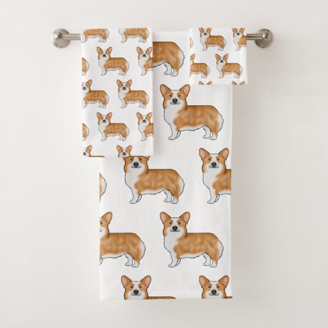 Red And White Pembroke Welsh Corgi Dog Art Pattern Bath Towel Set (Insitu)