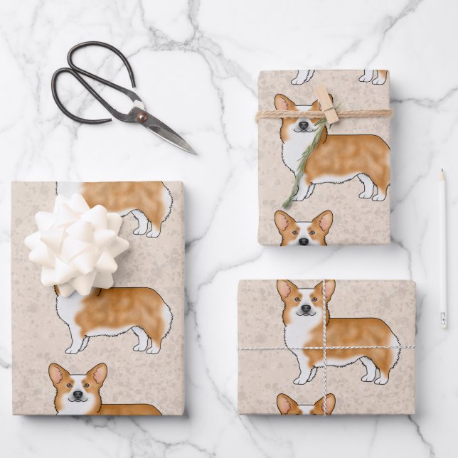 Red And White Pembroke Welsh Corgi Dog Art Pattern Wrapping Paper Sheets (Front)