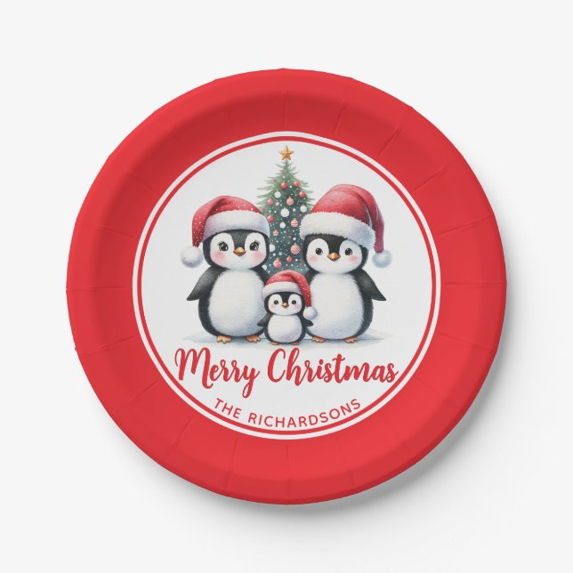 Red and White Penguins Family Merry Christmas Paper Plates (Front)