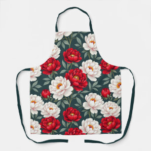 Red and white peony flowers apron