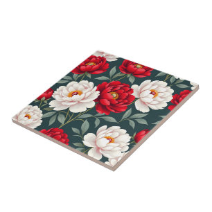 Red and white peony flowers ceramic tile