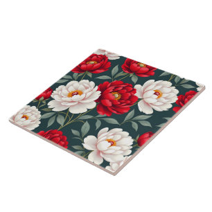 Red and white peony flowers  ceramic tile