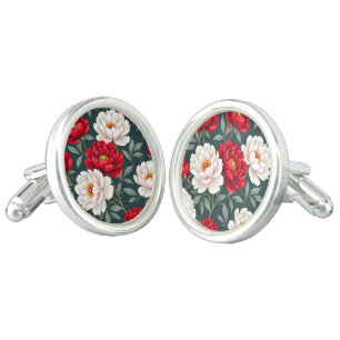 Red and white peony flowers cufflinks
