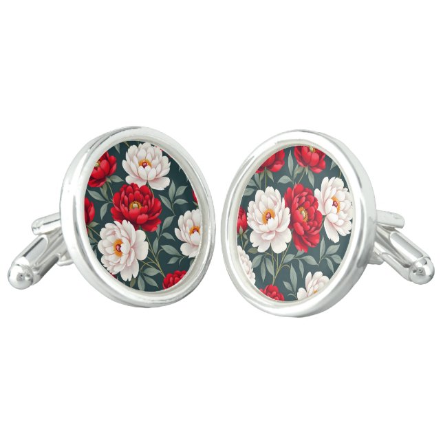 Red and white peony flowers  cufflinks (Angled)