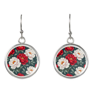 Red and white peony flowers earrings