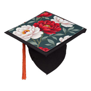 Red and white peony flowers graduation cap topper