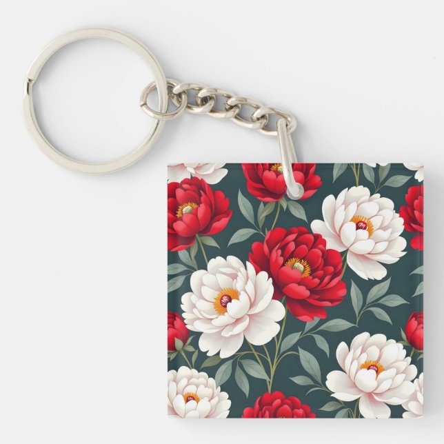 Red and white peony flowers  keychain (Front)