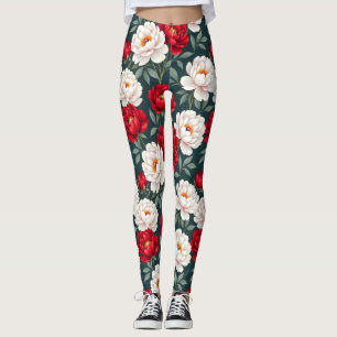 Red and white peony flowers leggings