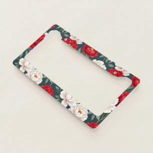 Red and white peony flowers  license plate frame