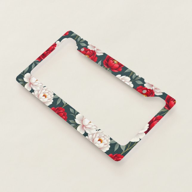 Red and white peony flowers  license plate frame (3/4)