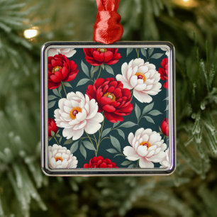 Red and white peony flowers metal ornament