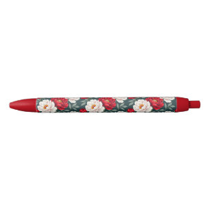 Red and white peony flowers  pen