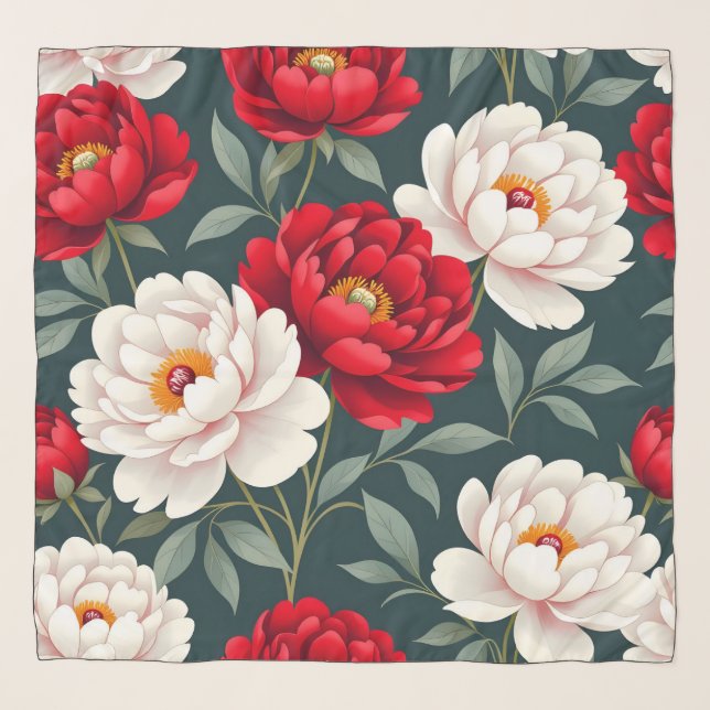 Red and white peony flowers  scarf (Front)