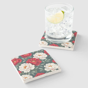 Red and white peony flowers stone coaster