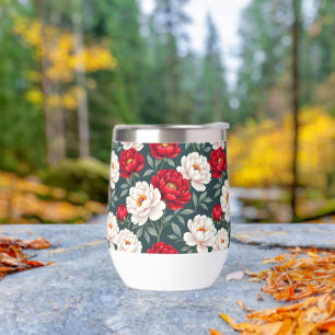 Red and white peony flowers thermal wine tumbler