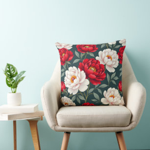 Red and white peony flowers throw pillow